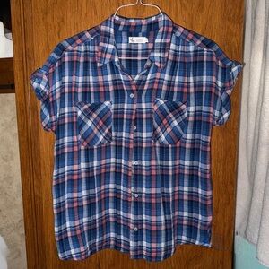 Carve Designs Women’s Blue Coral  Plaid Flannel Shirt Lined Short Cap Sleeve M